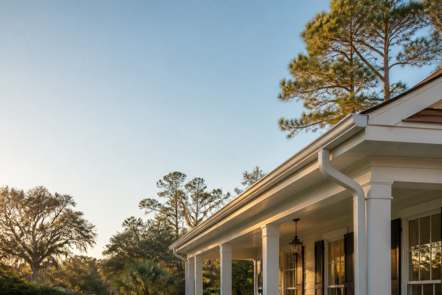 A Lowcountry home in the Sun City community of Bluffton with gutters along the roofline